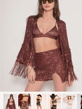 Sequin Fringe Mini Skirt Set in Metallic Rose
